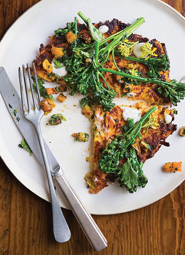 Sweet Potato Pancakes with Dried Apricot Salsa Verde and