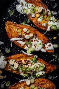 baked sweet potatoes with maple creme fraiche