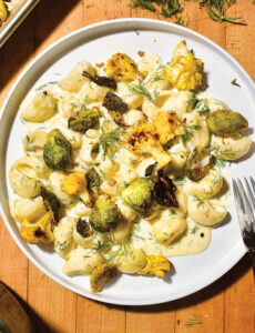 mac and cheese spiced cauliflower and brussels sprouts
